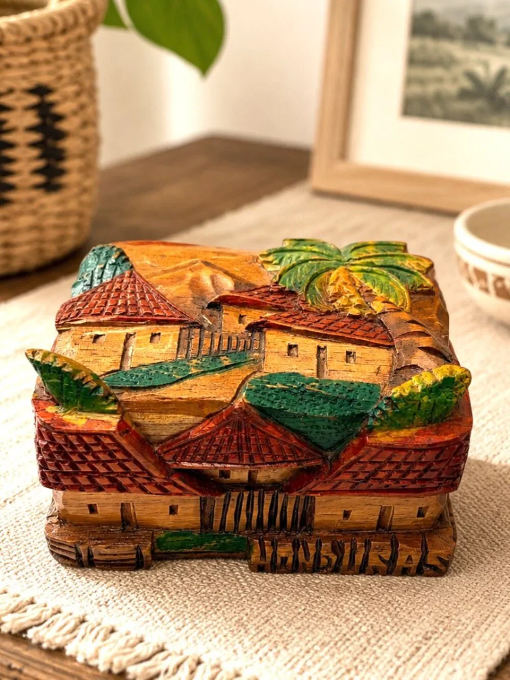 Handmade Honduras Carved Wooden Village Keepsake Box Trinket Jewelry Box